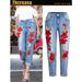 Women's Clothing Elastic Loose Jeans Women's Trousers Colorful Flower 3d Embroidery Ripped Jeans_ecoleips.com