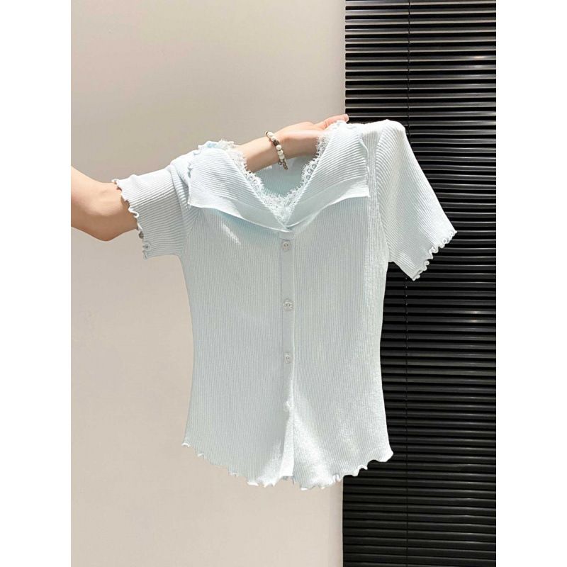 New Style Women's Ruffled Knit T-Shirt V Neck Slim Fit Lace Trim Gentle Top For Summer_ecoleips.com