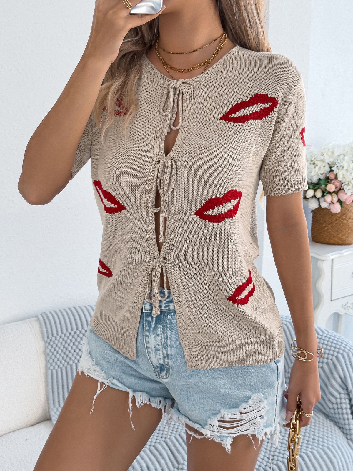 Real Shot Of 2026 Spring/summer Casual Sexy Lip Jacquard Lace-up Knitwear For Valentine's Day, Cross-border_ecoleips.com