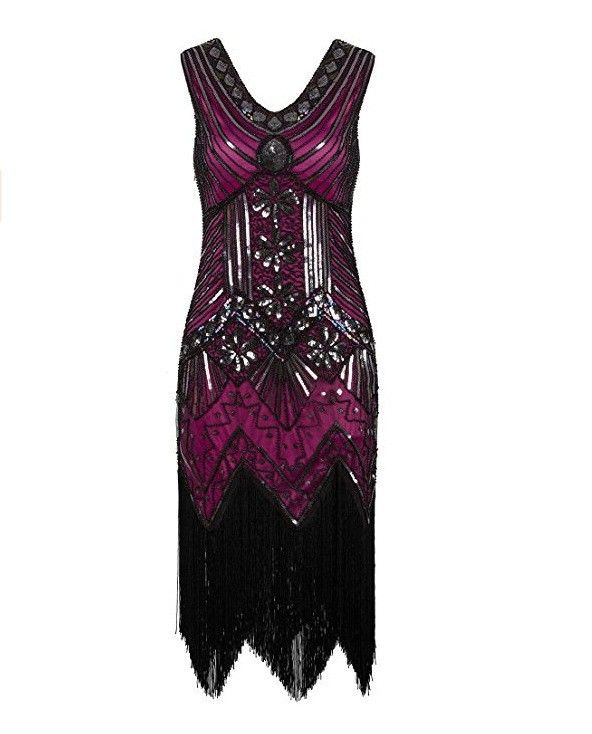 Women's Clothing Elegant Fringe Sequin Party Dress Vintage Glam Evening Gown With Deep V-Neck & Flowy Hem (Available In 11 Colors & Plus Sizes)_ecoleips.com