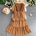 Women's French Style Beaded round Neck Dress Elegant Summer Texture Pleats Ruffles Long Skirt Gentle Dress_ecoleips.com