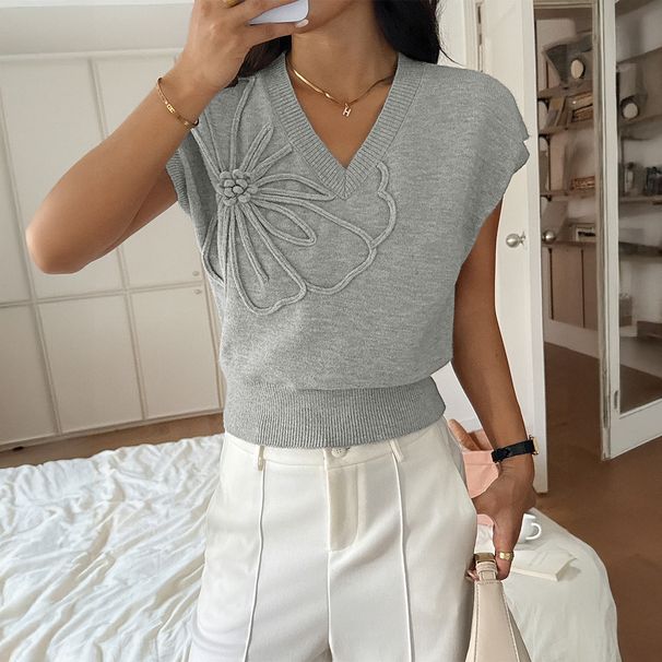Diyun European And American Casual Vacation Deep V Neck Solid Color Short Sleeve Sweater Women's Fashion_ecoleips.com