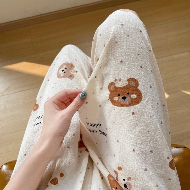 Kawaii Bear Y2K PJ Pants 2026 Spring Summer Cotton Light Thin Pajama Pants Women Cute Girl Pajamas Loose Cartoon Printed Bottoms_ecoleips.com