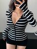Women's Clothing Slim Fit Women's Knitted Cardigan Classic Black And White Striped Hooded Zipper Long Sleeve Fashionable_ecoleips.com