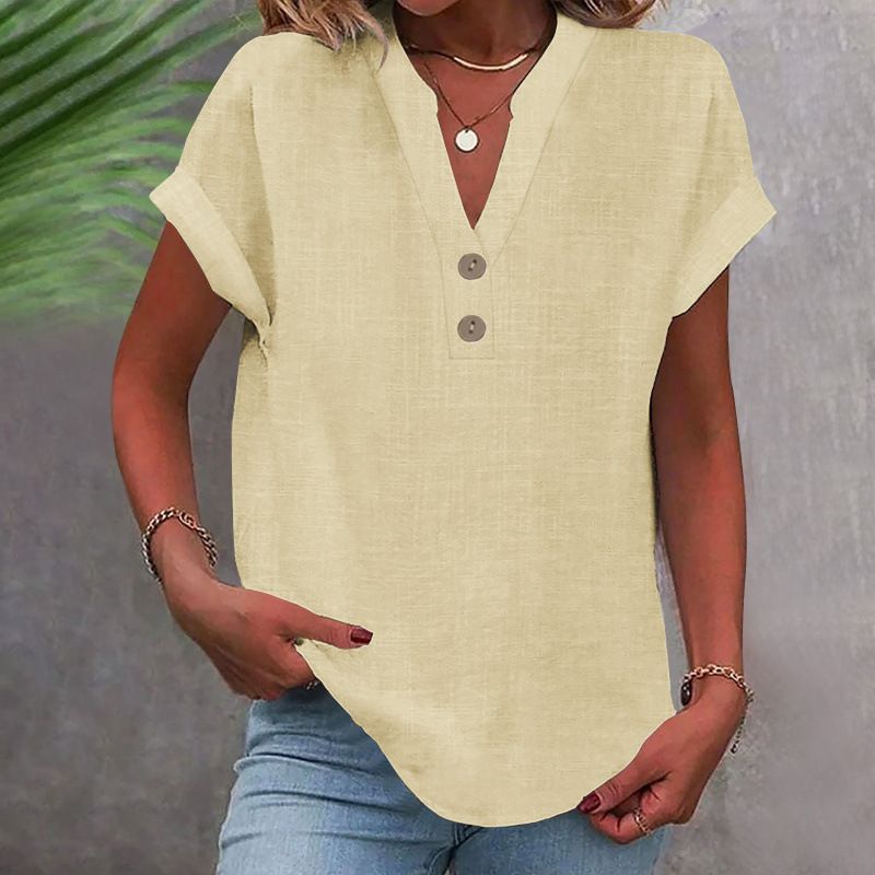 Summer Solid-Color Stand-Up Collar Button Short-Sleeved Women's Shirt_ecoleips.com