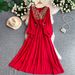 Women's French Retro Heavy Duty Art Embroidery Dress V Neck Long Sleeve Loose Fitting Tie Waist Elegant Long Dress for Summer_ecoleips.com