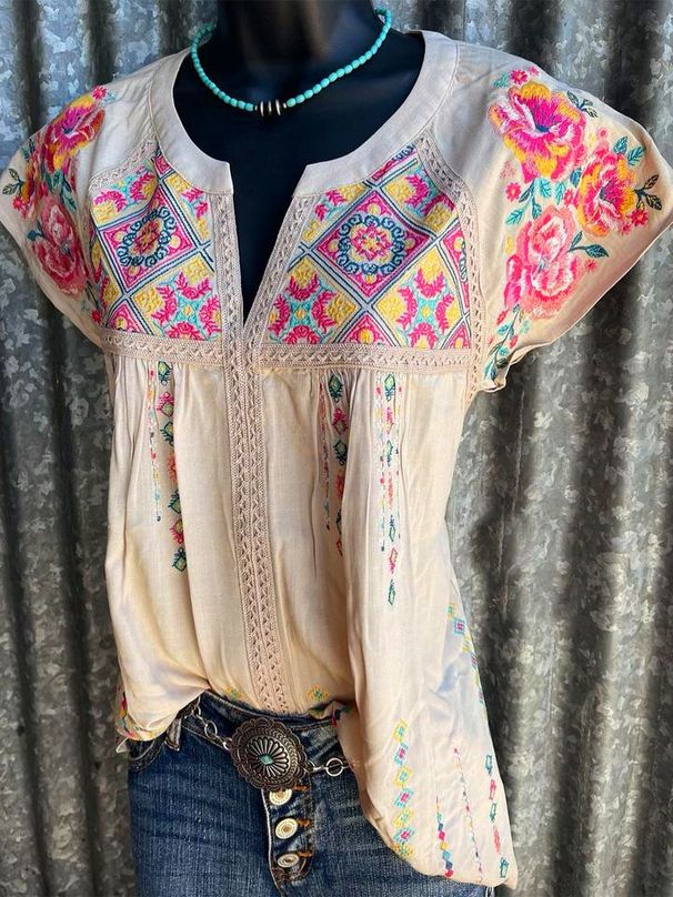 Women's Clothing Temperament Commuter Loose Type Printed Round Neck Short Sleeved Shirt_ecoleips.com