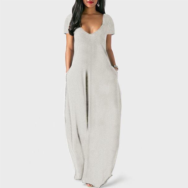 V-Neck Flowy Maxi Dress For Women - Soft Stretch Casual Long Dress With Short Sleeves, Comfortable Plus Size Everyday Sundress_ecoleips.com