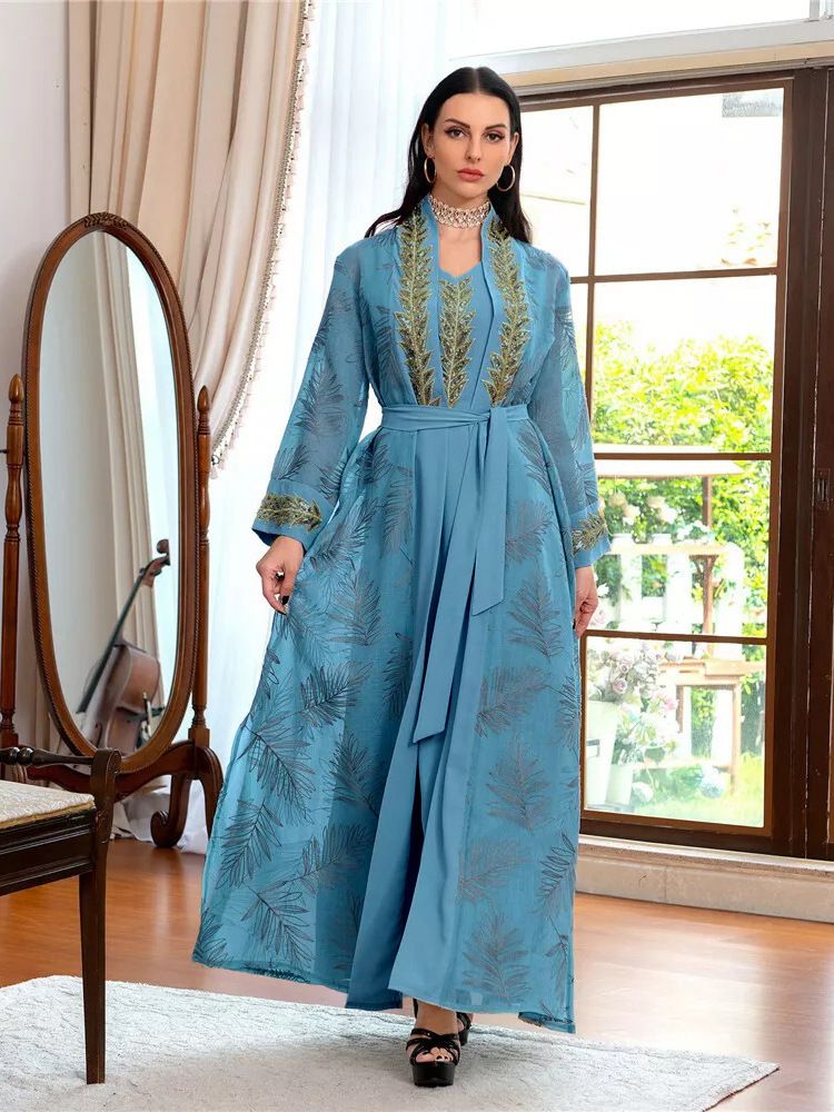 Middle Eastern Women's Embroidered Yarn Abaya Two Piece Robe Long Dress Muslin Spot Foreign Trade_ecoleips.com