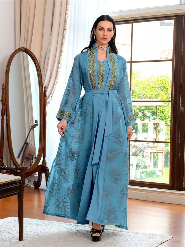 Middle Eastern Women's Embroidered Yarn Abaya Two Piece Robe Long Dress Muslin Spot Foreign Trade_ecoleips.com