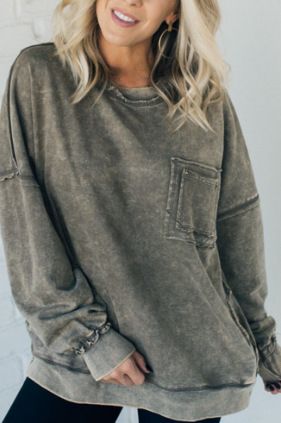 Women's Clothing Oversized Washed Cotton T-Shirt – Soft Relaxed Fit Crewneck Long Sleeve Top With Pocket (Sage Green, Wine Red, Olive Green, Pink)_ecoleips.com