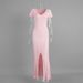 TARUXY Spring Summer Short-Sleeved Knitted Dress Women Solid V-Neck Slit Long Dress Slim Sexy Commuting Leisure Dress Female New_ecoleips.com