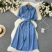 Summer Vintage Green/Blue/Red Turn-Down Collar Single Breasted Dress Casual Short Sleeve High Waist A-Line Midi Robe New Fashion_ecoleips.com