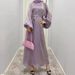 Women's Clothing Lantern Sleeve Bright Silk Long Skirt Stand Collar Back Tie Female Dress_ecoleips.com