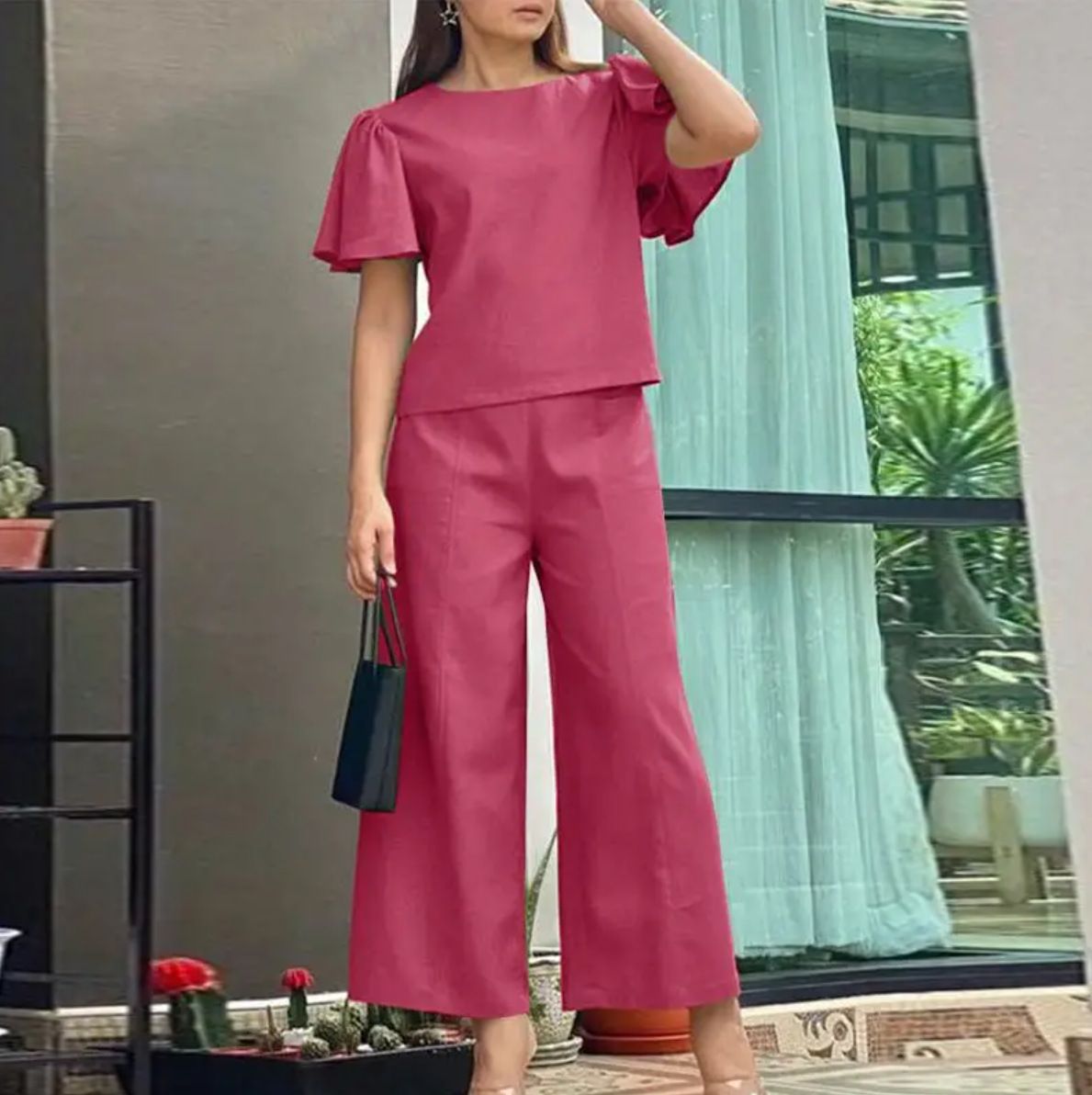 Women's Clothing New Casual Round Neck Short Sleeved Tops Wide Leg Trousers Fashion Suit_ecoleips.com
