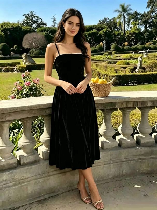 Black Evening Wedding Dress Halter Top Velvet Birthday Annual Party Dress with Large Skirt High Waist Princess Style_ecoleips.com