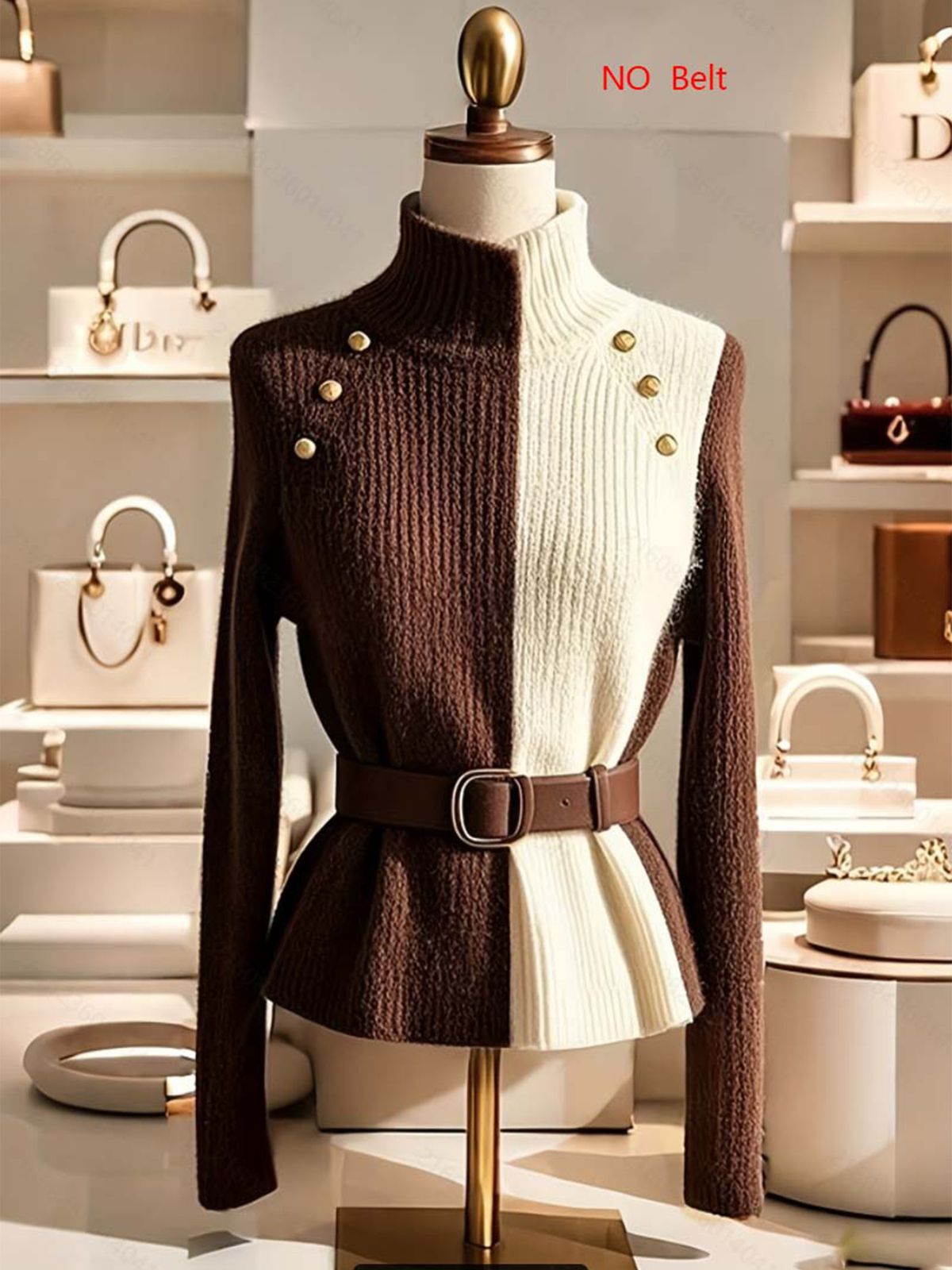 Women’s High-Neck Knit Sweater – Two-Tone Contrast Stitch Pullover (S-XL) – Polyester Fleece Winter Turtleneck (Coffee/Black/Beige)_ecoleips.com