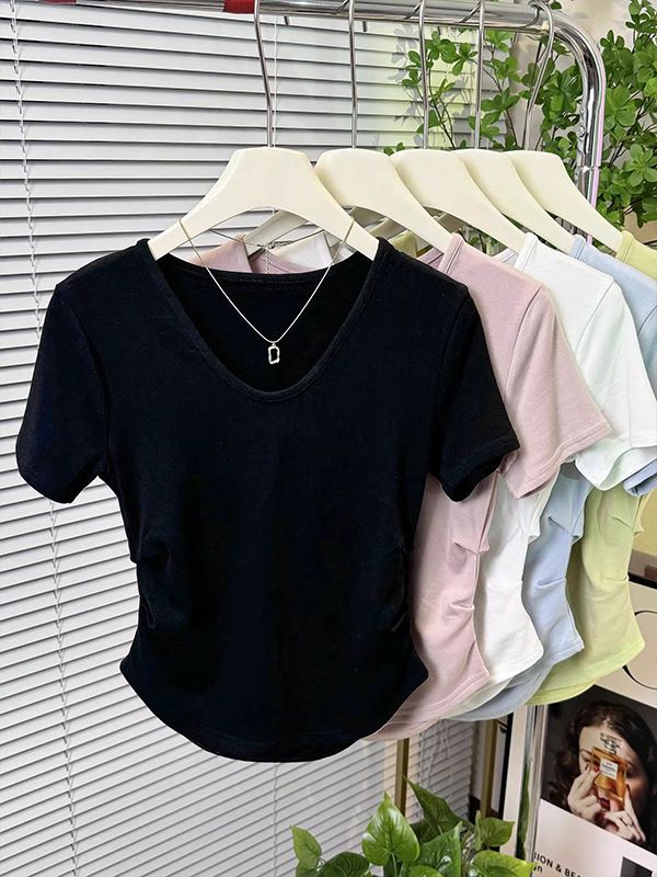 This Korean-Style, Minimalist Short-Sleeved Top Features A Summer-Friendly Modal Fabric With A V-Neck Design And Double_ecoleips.com