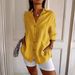 Women's Single Breasted Pleated Collar Shirt Solid Color Roll up Sleeve Top European American Popular Style for Ladies_ecoleips.com