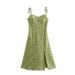 2025 New European American Fashion V-neck Green Floral Print Dress With Shoulder Ties And Slit For Women_ecoleips.com