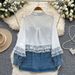 Women's Clothing Design Lace Stitching Contrast Color Long Sleeved Denim Shirt Loose Versatile Single Breasted Jacket_ecoleips.com