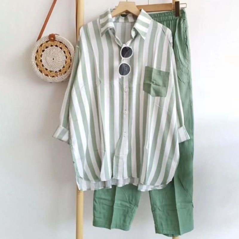 Women's Spring Autumn Striped Casual Long Sleeve Two Piece Set Fashion Sportswear Trousers_ecoleips.com