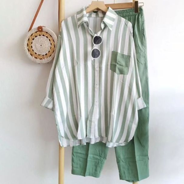 Women's Spring Autumn Striped Casual Long Sleeve Two Piece Set Fashion Sportswear Trousers_ecoleips.com