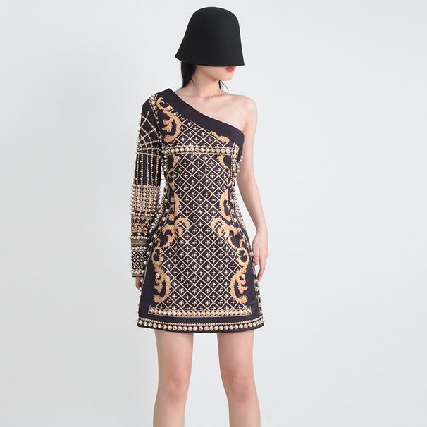 Women's Clothing Spring New Printed Heavy Beaded One shoulder A line Skirt Retro Style Small Long Sleeve Dress_ecoleips.com