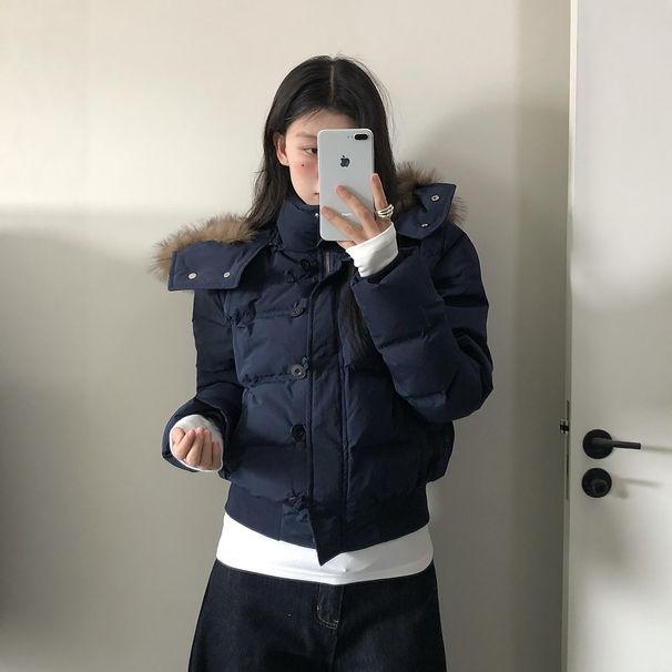 girl Girl Girl South District Fiona Navy Blue Large Fur Collar Down Jacket Women 2025 Winter New Thickened Short Cotton Coat_ecoleips.com
