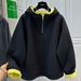 Elegant Two-tone Hooded Sweatshirt For Women, Winter Wear, Plus Size, Loose Fit, Thickened, Warm, Patchwork Woolen Top_ecoleips.com
