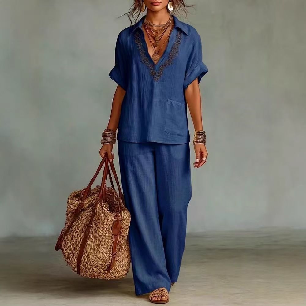 Women's 3D Textured V-Neck Tunic And Palazzo Pants Set Loose Fit Breathable Linen-Like Outfit in Black Matcha Royal Blue Camel Yellow White_ecoleips.com
