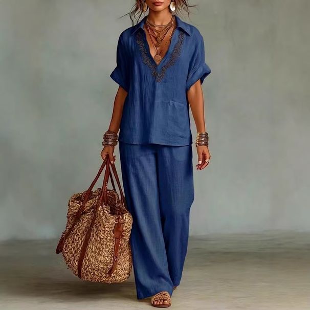 Women's 3D Textured V-Neck Tunic And Palazzo Pants Set Loose Fit Breathable Linen-Like Outfit in Black Matcha Royal Blue Camel Yellow White_ecoleips.com