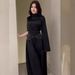 Elegant Satin Midi Dress With Empire Waist – Long Sleeve Mock Neck Ruffle Hem Dress (S-Xxl, Champagne/Black/Emerald)_ecoleips.com