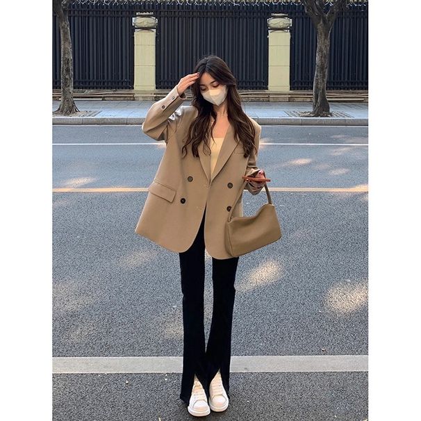 Women's Brown Suit Jacket Petite Sophisticated Stylish Korean Style Casual Spring Autumn 2024_ecoleips.com
