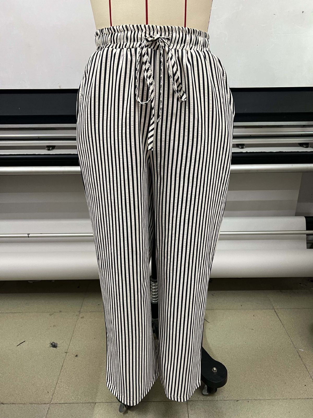 K New Striped Wide Leg Pants With Drawstring Pockets, Casual Pants, Straight Leg Pants, Women's Clothing_ecoleips.com