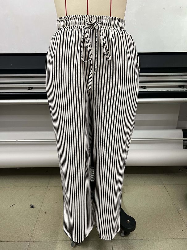 K New Striped Wide Leg Pants With Drawstring Pockets, Casual Pants, Straight Leg Pants, Women's Clothing_ecoleips.com