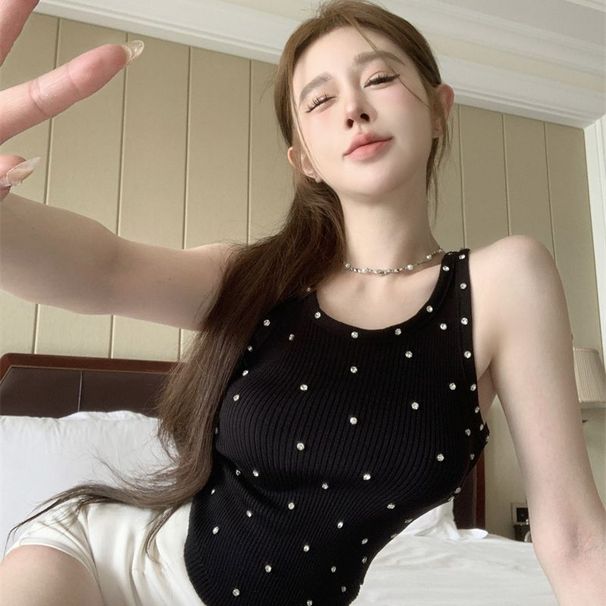 White Beaded Camisole Women, Summer Inner Layer, Slim-fit Design, Niche Sleeveless Knitted Top For Outer Wear_ecoleips.com