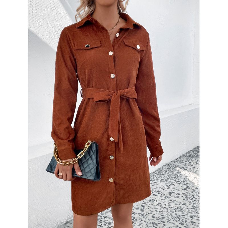 Women's Lapel Corduroy Belt Dress Spring And Autumn Fashion Women's Top Wholesale_ecoleips.com