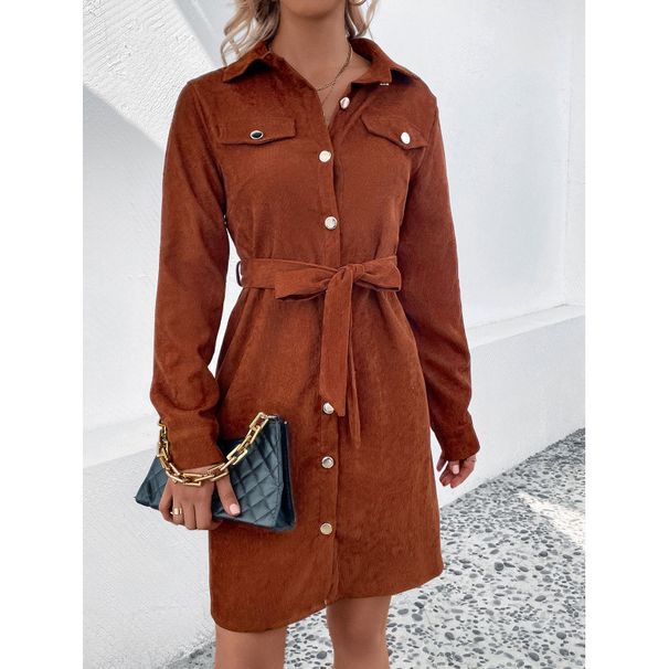 Women's Lapel Corduroy Belt Dress Spring And Autumn Fashion Women's Top Wholesale_ecoleips.com