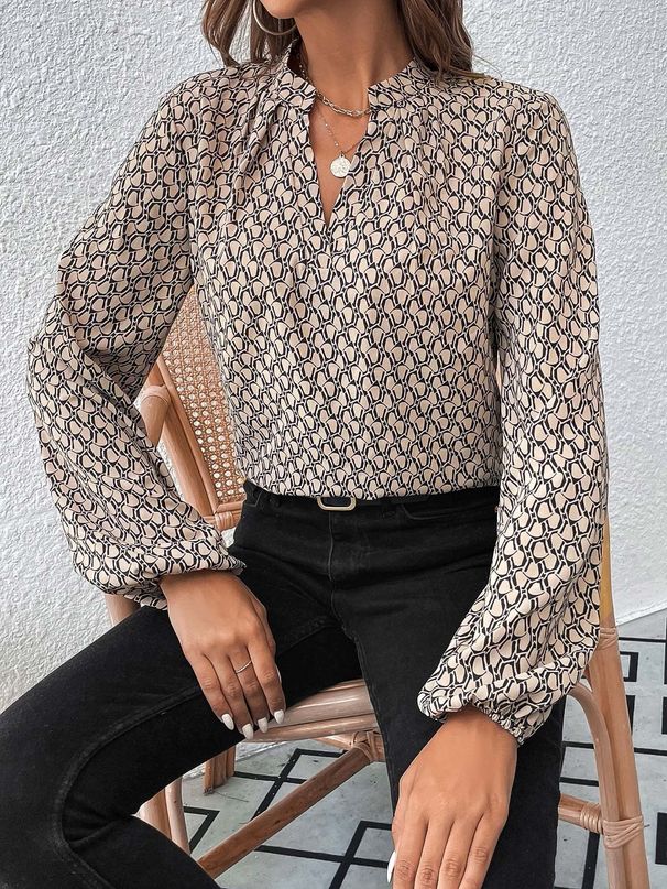 NewEuropean And American Cross-border Women's Printed Pleated Collar Lantern Sleeve French Elegant Blouse Top_ecoleips.com