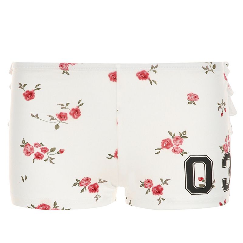 2025 Spring Digital Cherry Printed Folded Lotus Leaf Edge Design Features Slim Fit Elastic Casual Shorts for Women_ecoleips.com