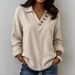 Fashionable Solid Color V-Neck Button up Long Sleeve Shirt Casual Versatile Retro Style for Women Spring/Autumn Summer Wear_ecoleips.com