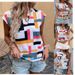 Women's Clothing Summer Women's Cutout Neckline Batwing Sleeves V Neck Pullover Top With Geographic Print For Formal & Casual For Women_ecoleips.com