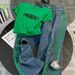 Women's Clothing Outfit With A Complete Set Of Fashionable Green Straight Shoulder T Shirt High Waist Ripped Jeans Two Piece Suit1_ecoleips.com