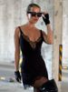 Women's Black Lace Panel Satin Halter V Neck High Waist Bodycon Midi Dress – Elegant Summer Gown 2026_ecoleips.com