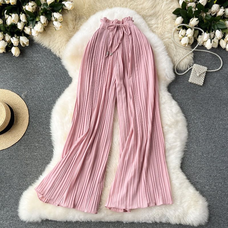 Women's High Waist Straps Casual Pants Summer Wear Slimming Wide Leg Pleated plus Size Slightly Fat Cover Drape_ecoleips.com