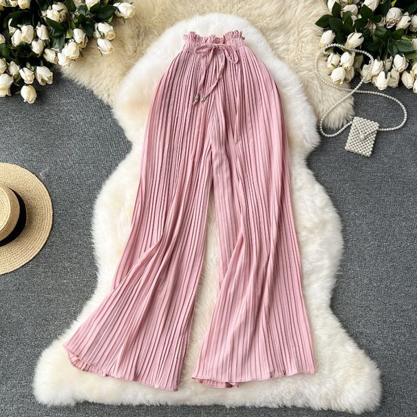 Women's High Waist Straps Casual Pants Summer Wear Slimming Wide Leg Pleated plus Size Slightly Fat Cover Drape_ecoleips.com