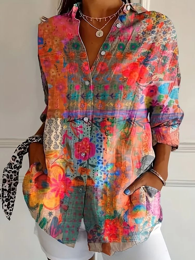 This Retro Bohemian-style Long-sleeved Shirt With Colorful Floral Patterns Is Fashionable, Versatile And Eye-catching_ecoleips.com