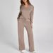 Women's Clothing Loose V Neck Long Sleeved Top With Drawstring Design Elastic Waist Flared Trousers Two Piece Set_ecoleips.com