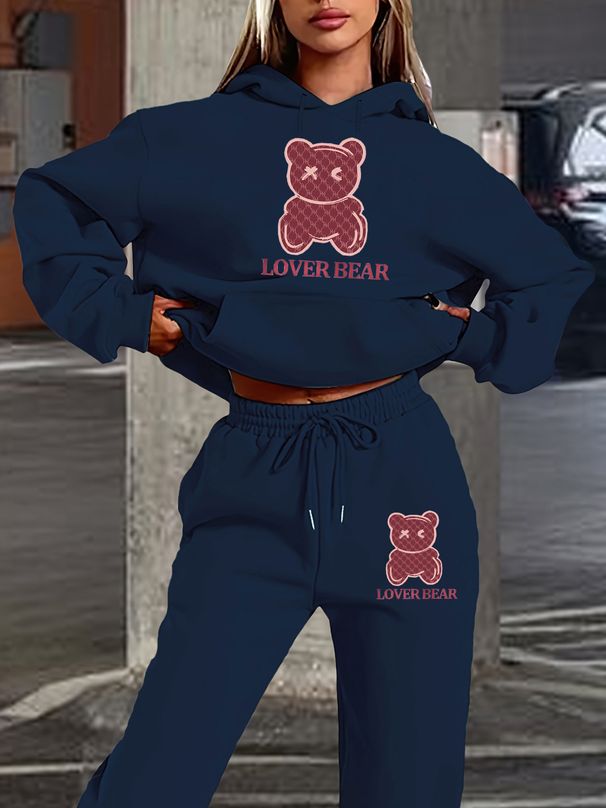 Women's Autumn And Winter Fashionable Casual Cartoon Bear Pattern Printed Thick Velvet Warm Hooded Sweatshirt+sports Pants Set-773_ecoleips.com